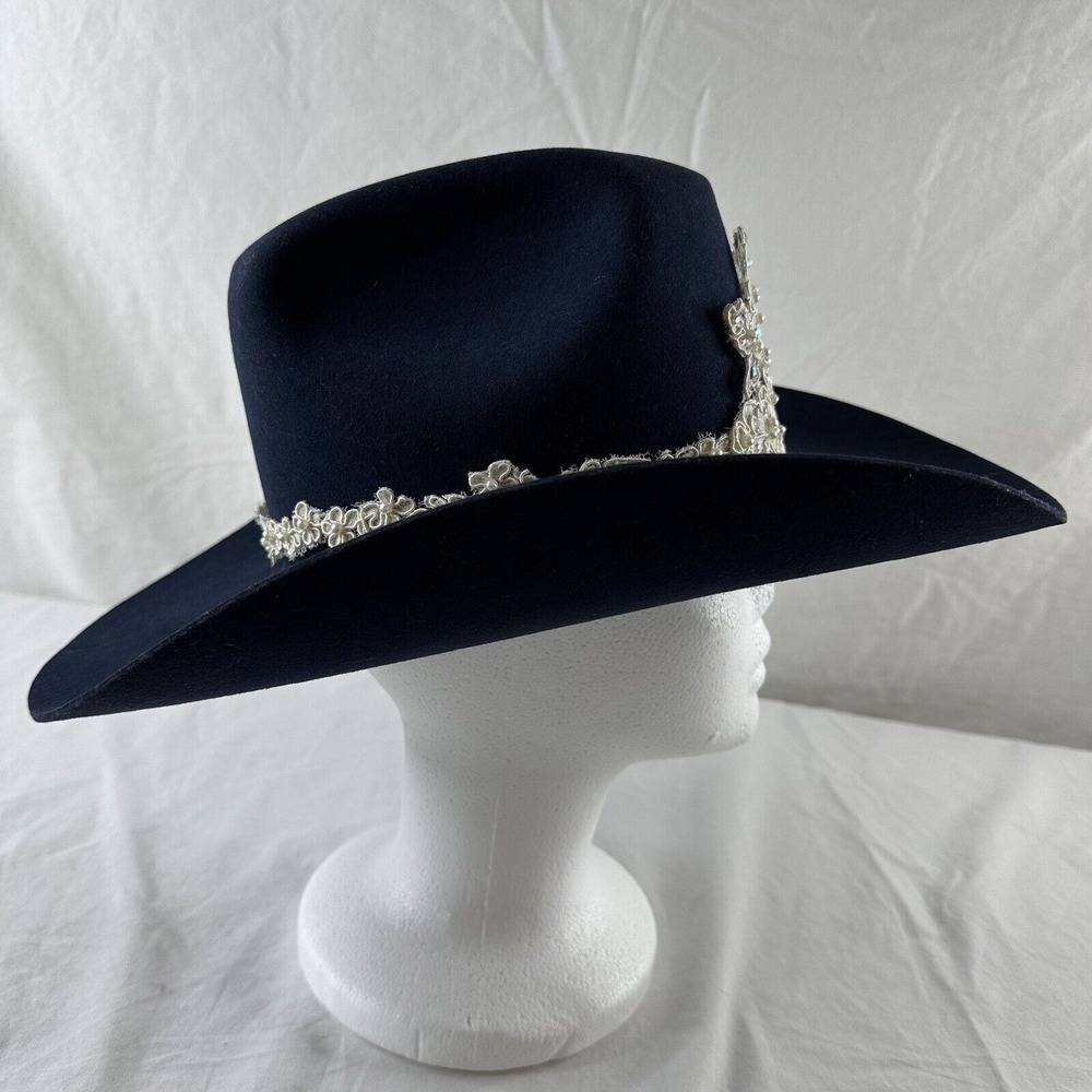 Vtg American Hat Company Co Cowboy Hat Sz 7 Maxi-felt Navy Blue Wedding Appliqué - Picture 6 of 11